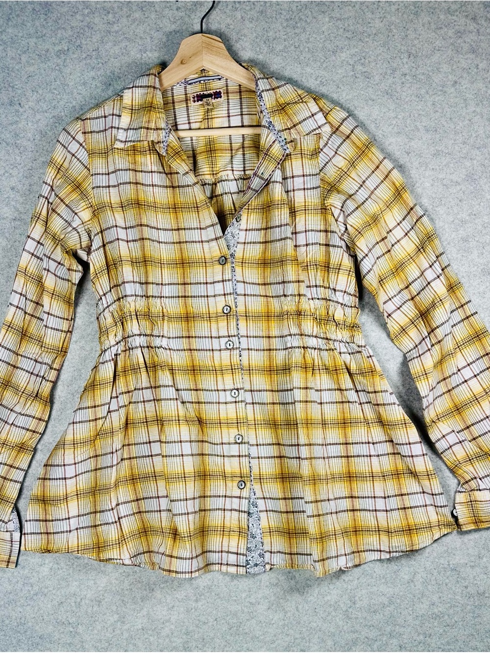 Free People Yellow Tartan Plaid Button-Up Cinched Elastic Waist Tunic Top 10 Y2K